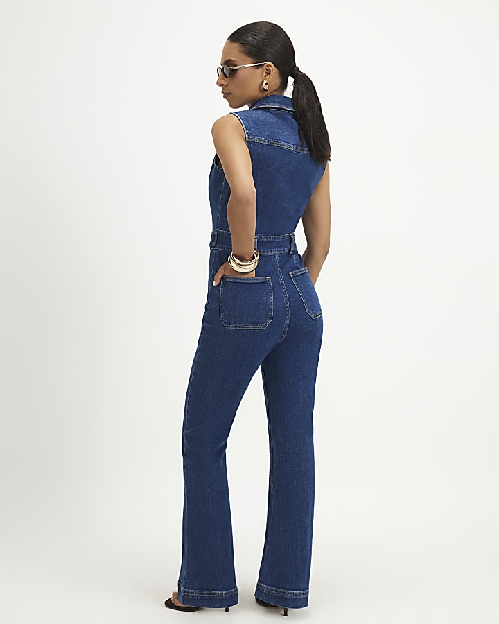 Petite Blue Stretch Denim Jumpsuit