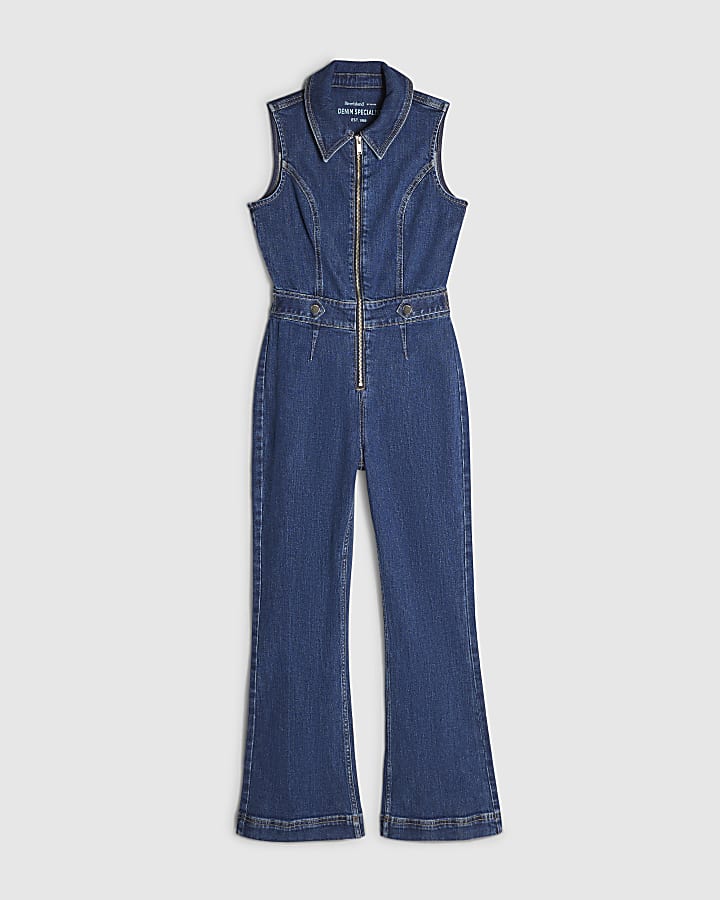 Petite Blue Stretch Denim Jumpsuit