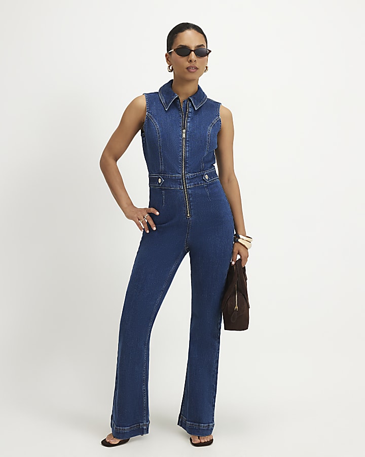Petite Blue Stretch Denim Jumpsuit