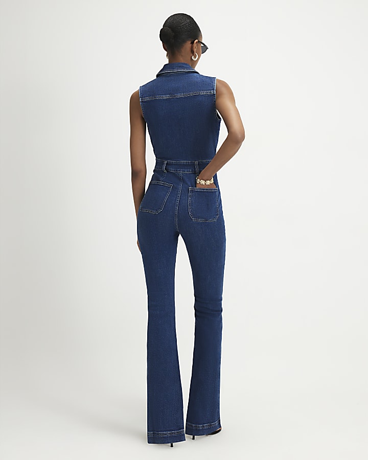 Blue Stretch Flared Denim Jumpsuit