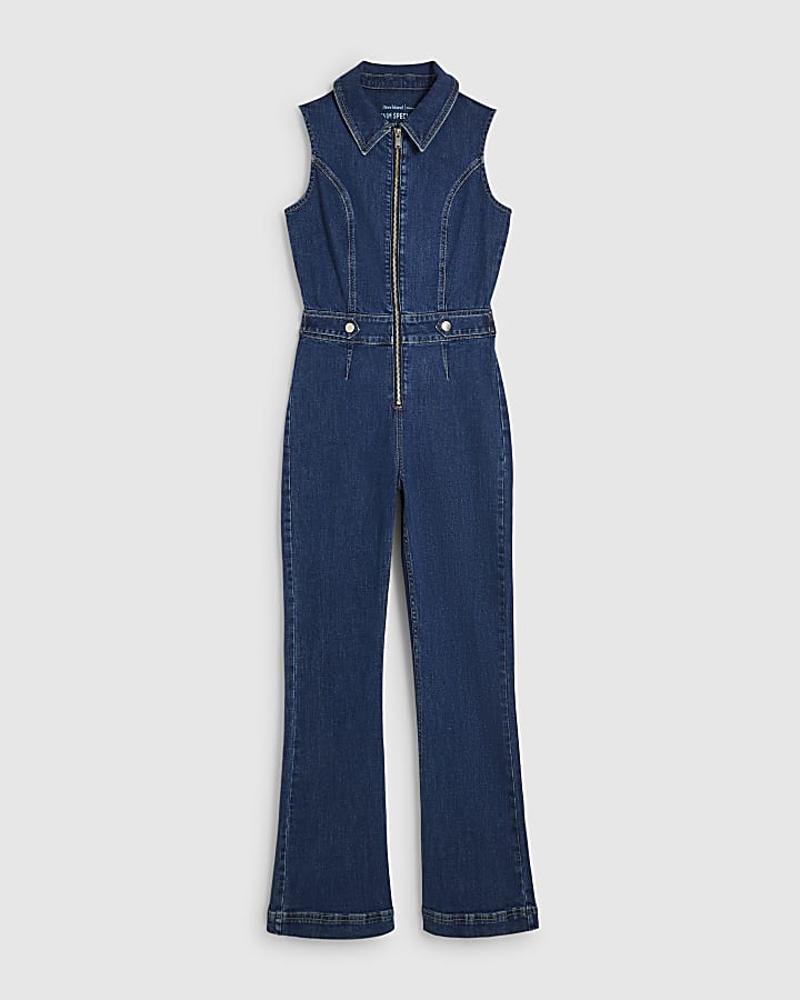 Blue Stretch Flared Denim Jumpsuit