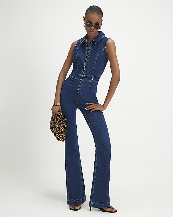 Blue Stretch Flared Denim Jumpsuit