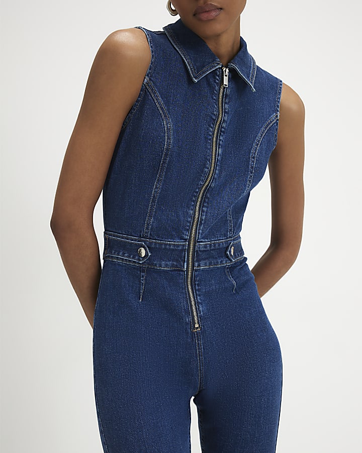 Blue Stretch Flared Denim Jumpsuit