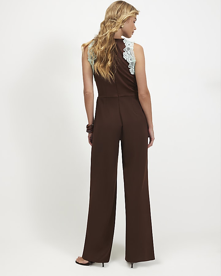 Brown Halter Neck Lace Trim Jumpsuit