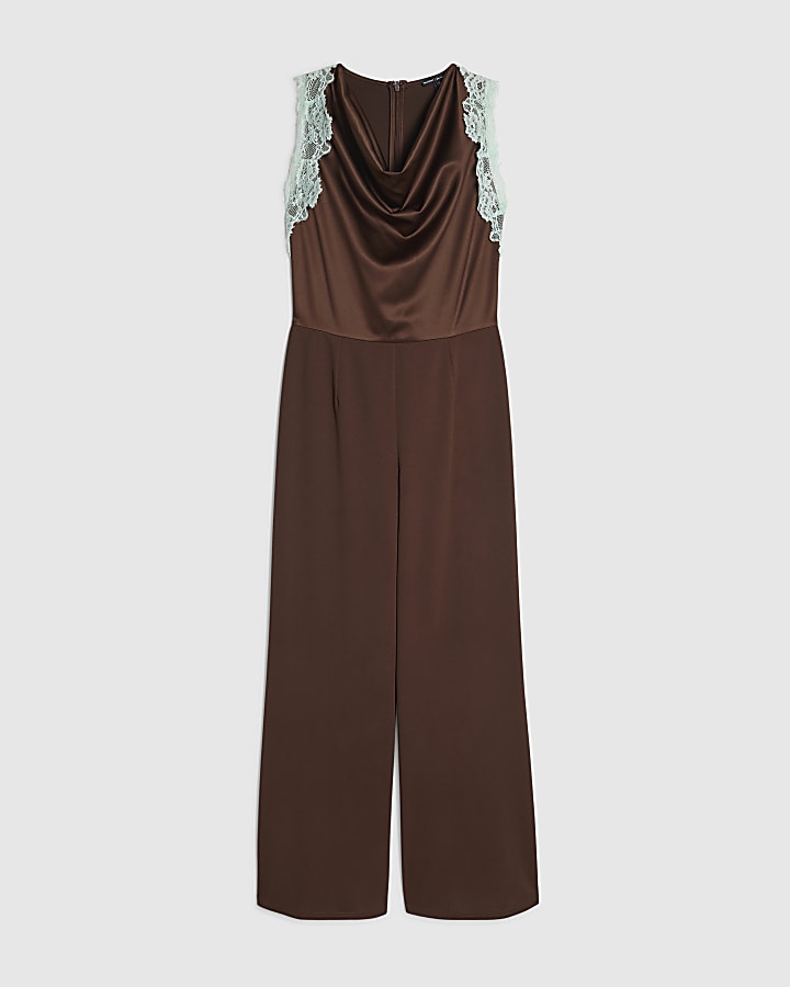 Brown Halter Neck Lace Trim Jumpsuit