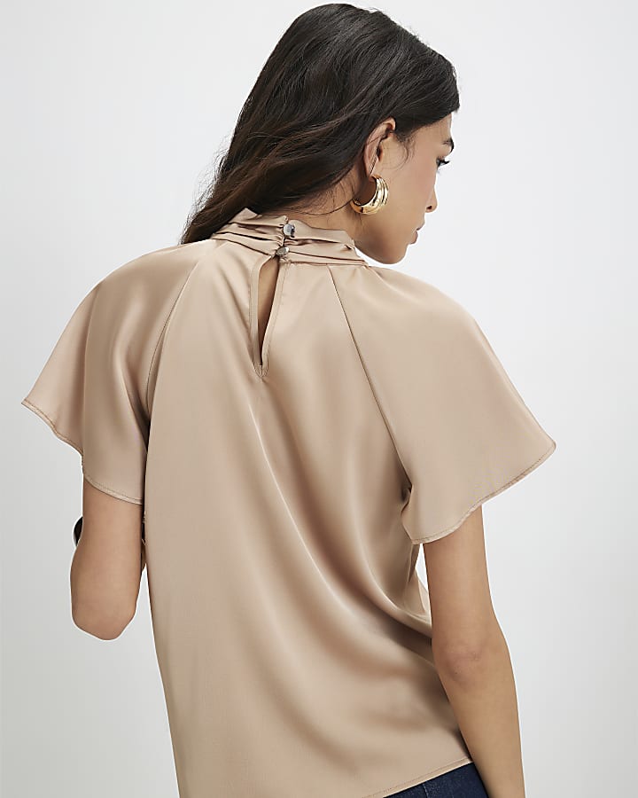 Beige Satin Angel Sleeve Twist Front Top