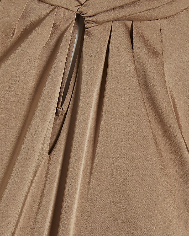 Beige Satin Angel Sleeve Twist Front Top