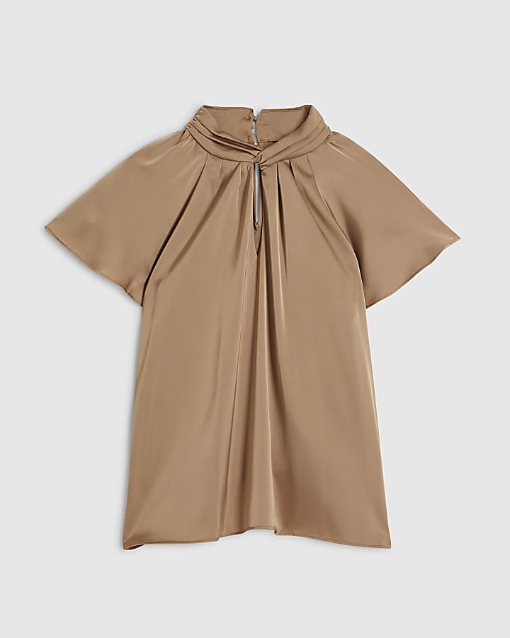Beige Satin Angel Sleeve Twist Front Top