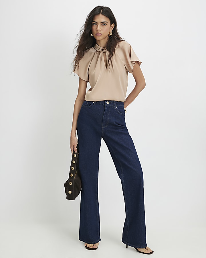 Beige Satin Angel Sleeve Twist Front Top