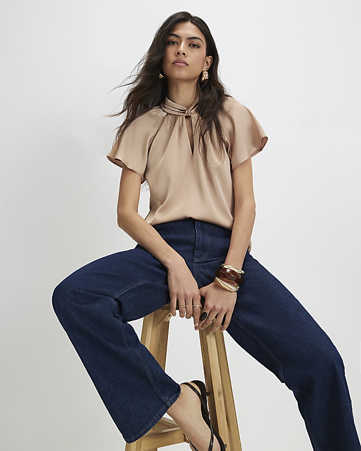Beige Satin Angel Sleeve Twist Front Top