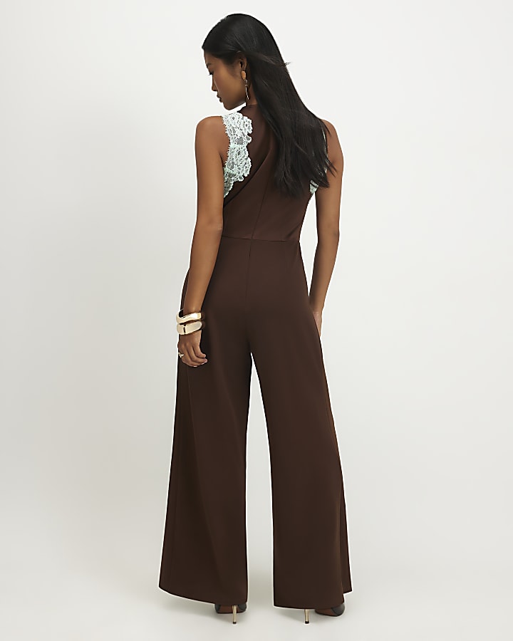Petite Brown Halter Lace Trim Jumpsuit