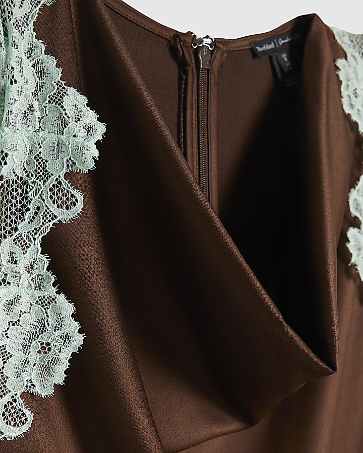 Petite Brown Halter Lace Trim Jumpsuit