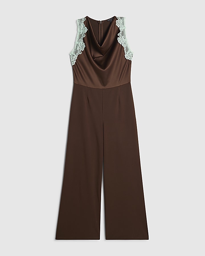 Petite Brown Halter Lace Trim Jumpsuit