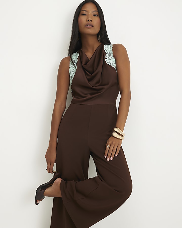 Petite Brown Halter Lace Trim Jumpsuit
