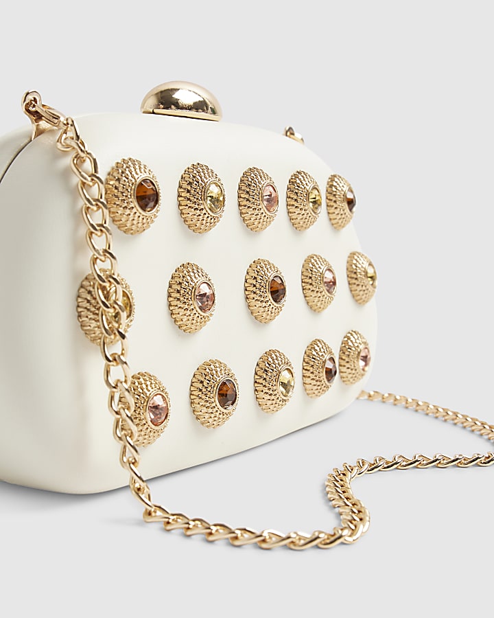 Cream Mixed Gem Hard Shell Clutch Bag