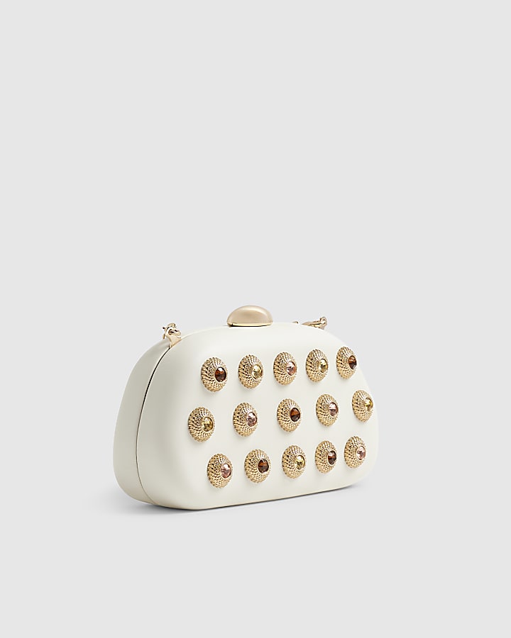 Cream Mixed Gem Hard Shell Clutch Bag