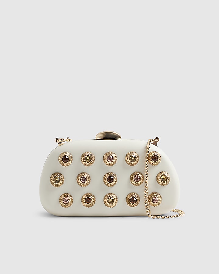 Cream Mixed Gem Hard Shell Clutch Bag