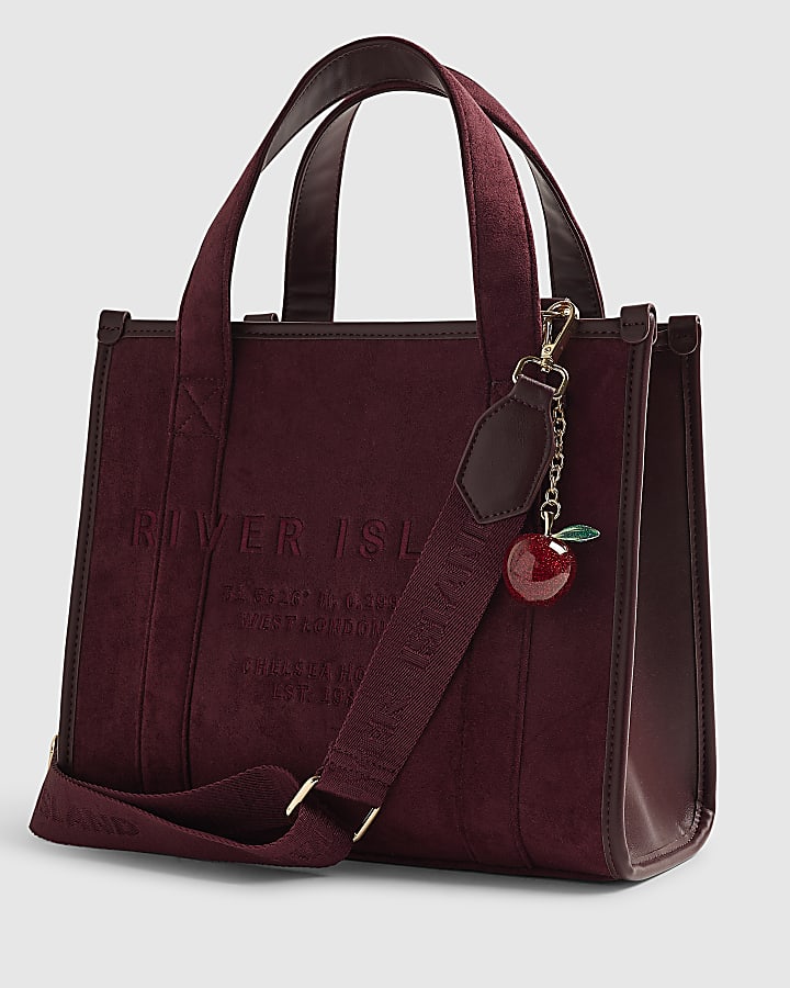 Red Faux Suede Embroidered Tote Bag