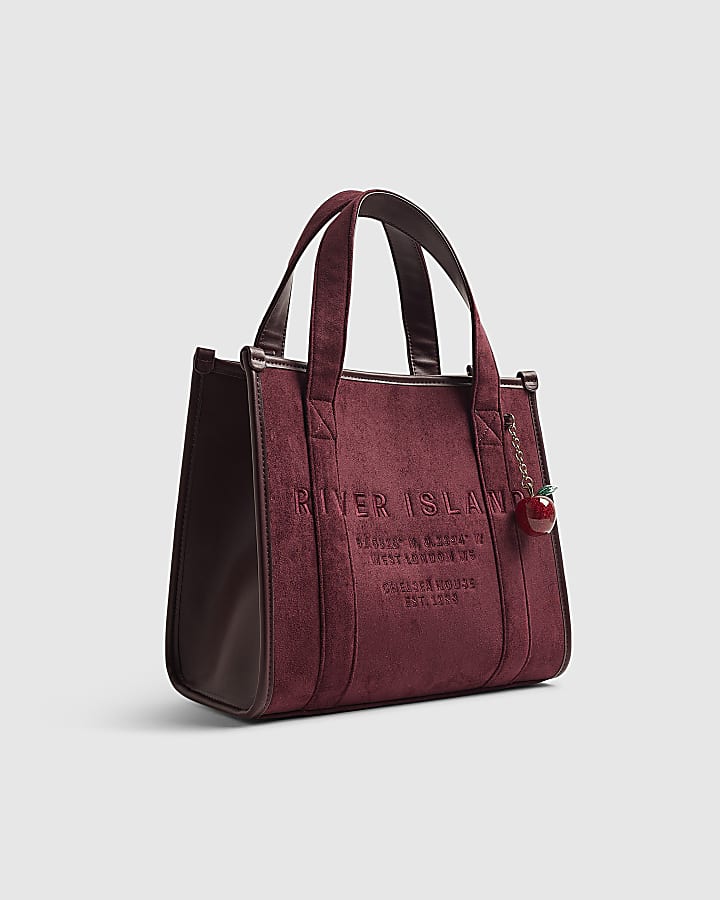 Red Faux Suede Embroidered Tote Bag