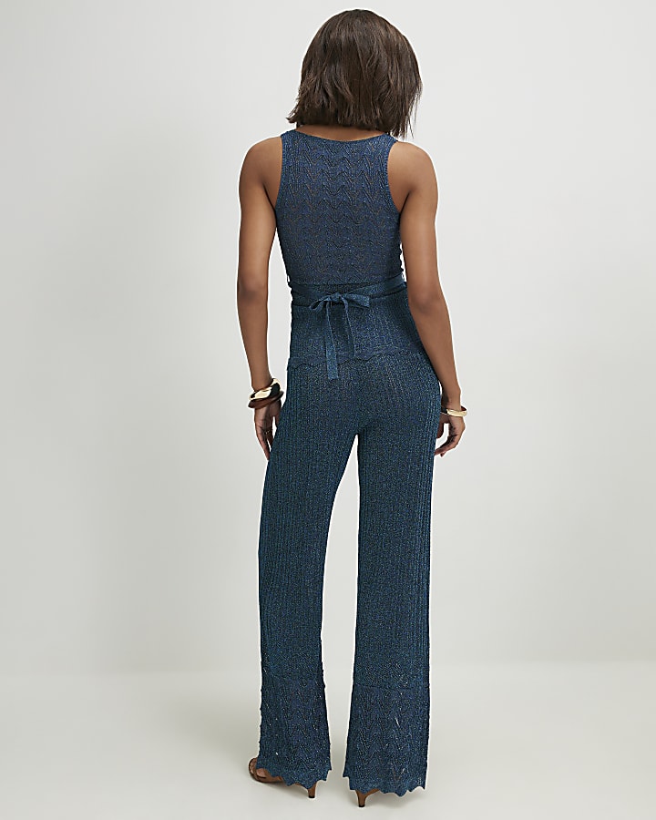 Blue Knitted Metallic Stitch Trousers