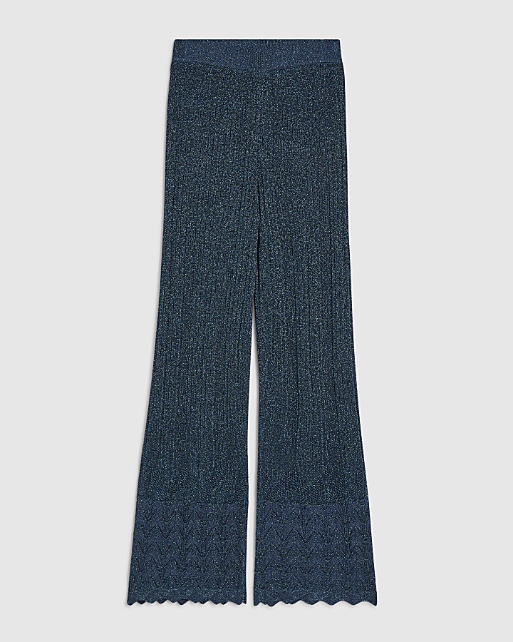 Blue Knitted Metallic Stitch Trousers