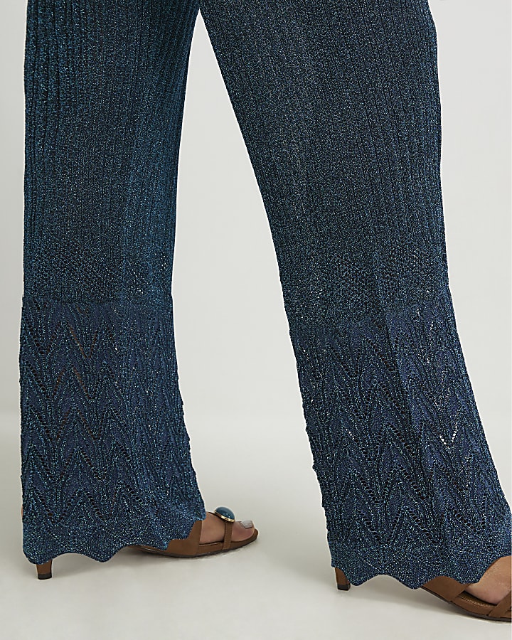 Blue Knitted Metallic Stitch Trousers