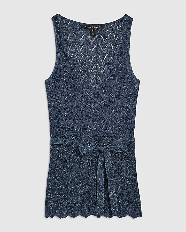 Blue Knitted Metallic Stitch Vest Top