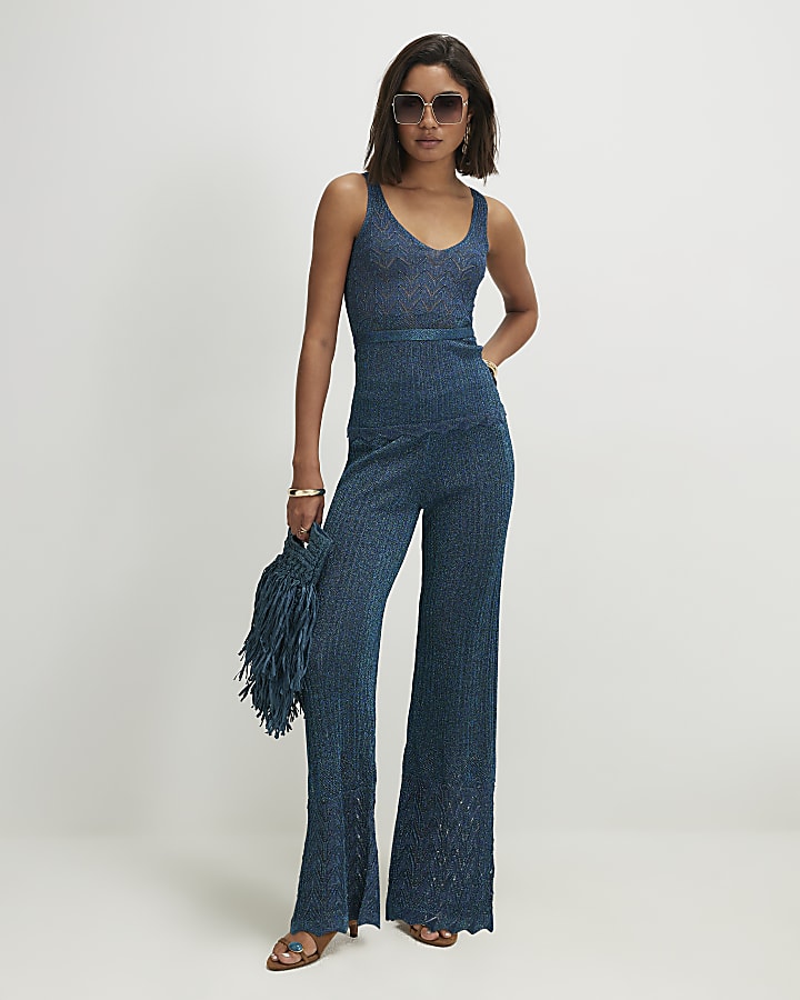 Blue Knitted Metallic Stitch Vest Top