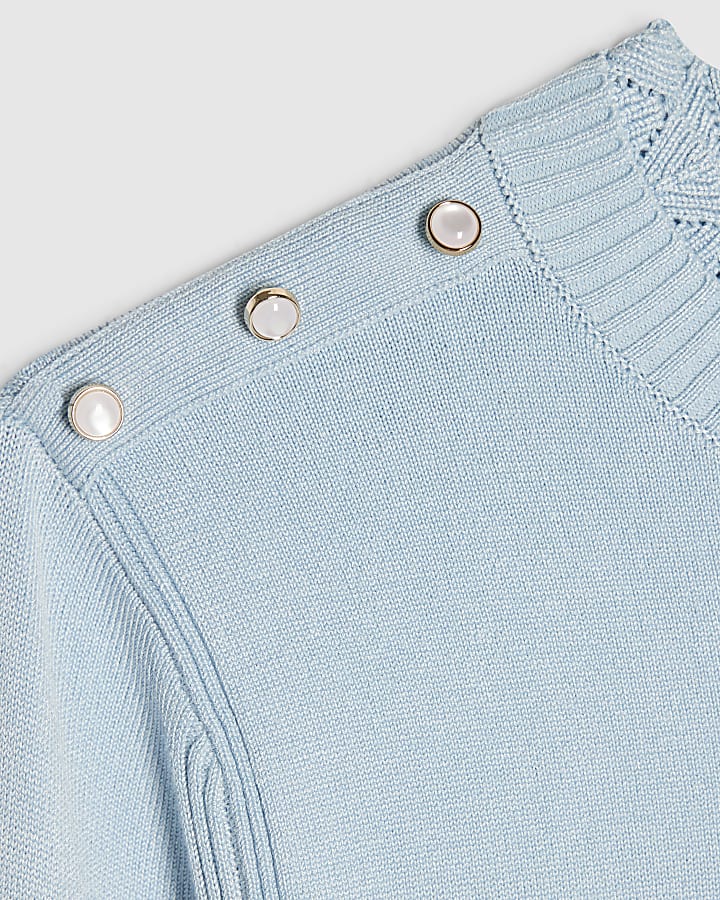 Blue Knitted Pointelle Trim Long Sleeve Top