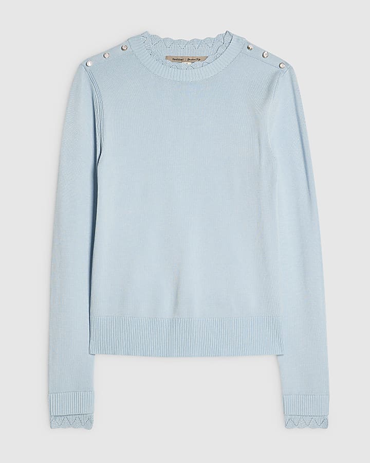 Blue Knitted Pointelle Trim Long Sleeve Top