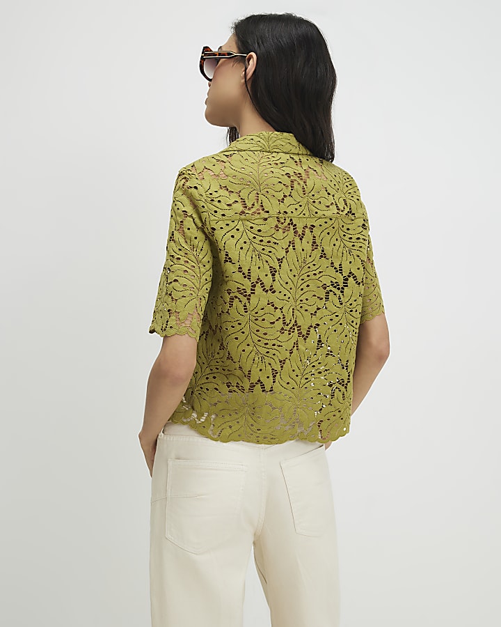 Green Short Sleeve Lace Shirt