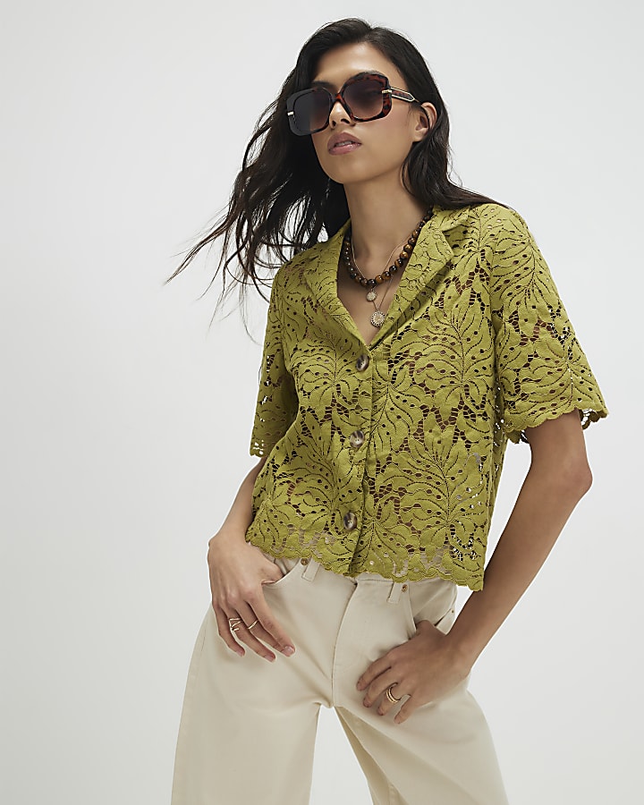 Green Short Sleeve Lace Shirt