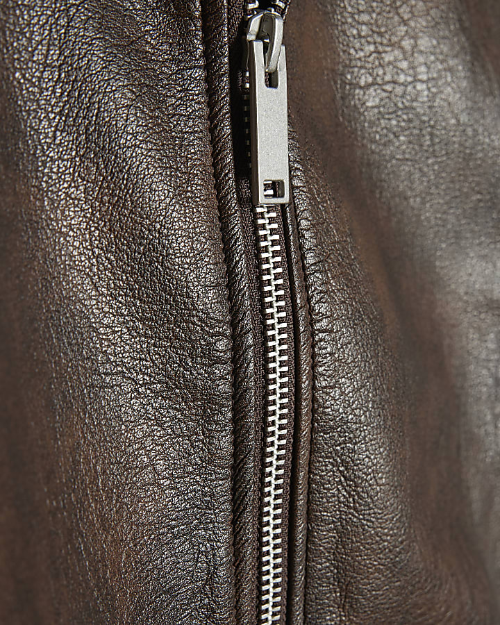 Brown Washed Faux Leather Bomber Jacket