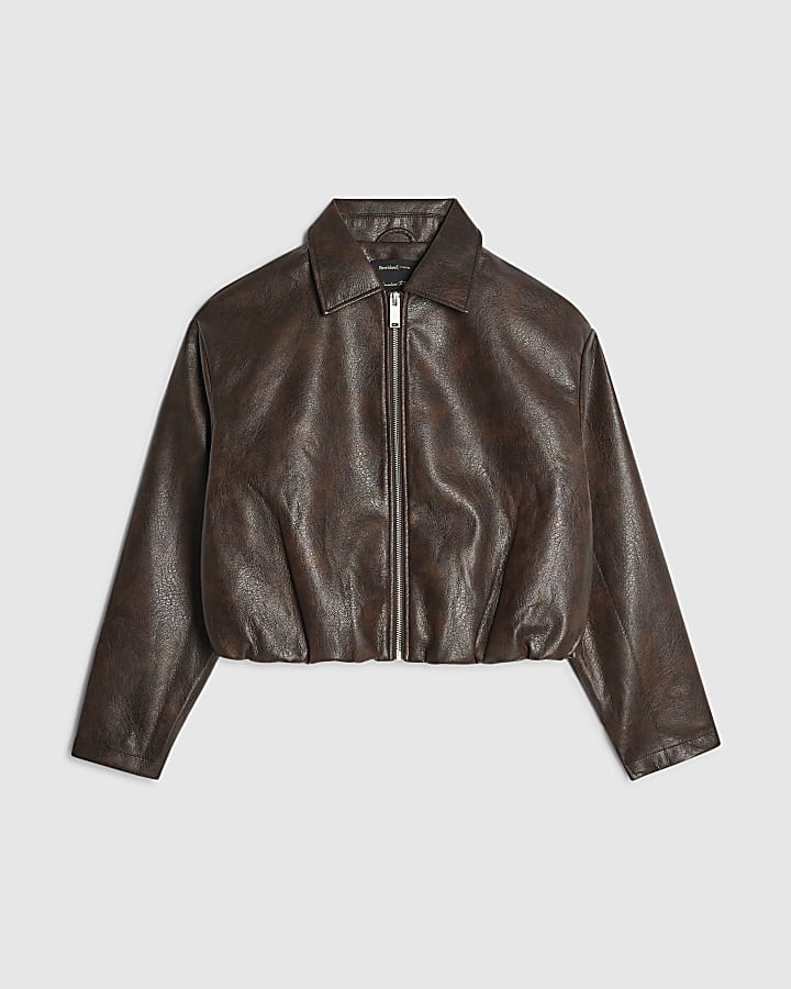 Brown Washed Faux Leather Bomber Jacket