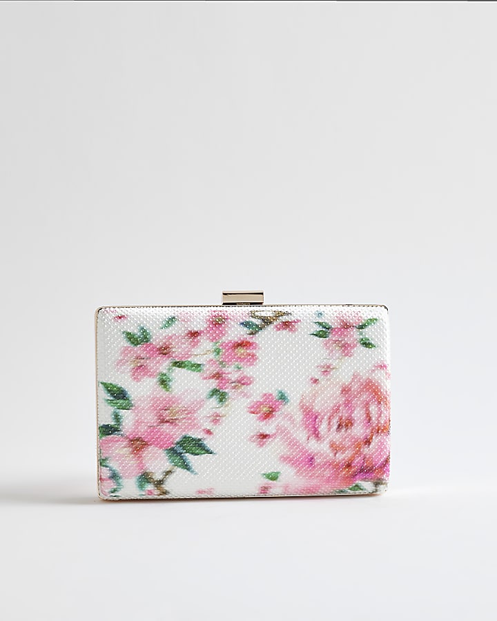 White Floral Hard Shell Clutch Bag