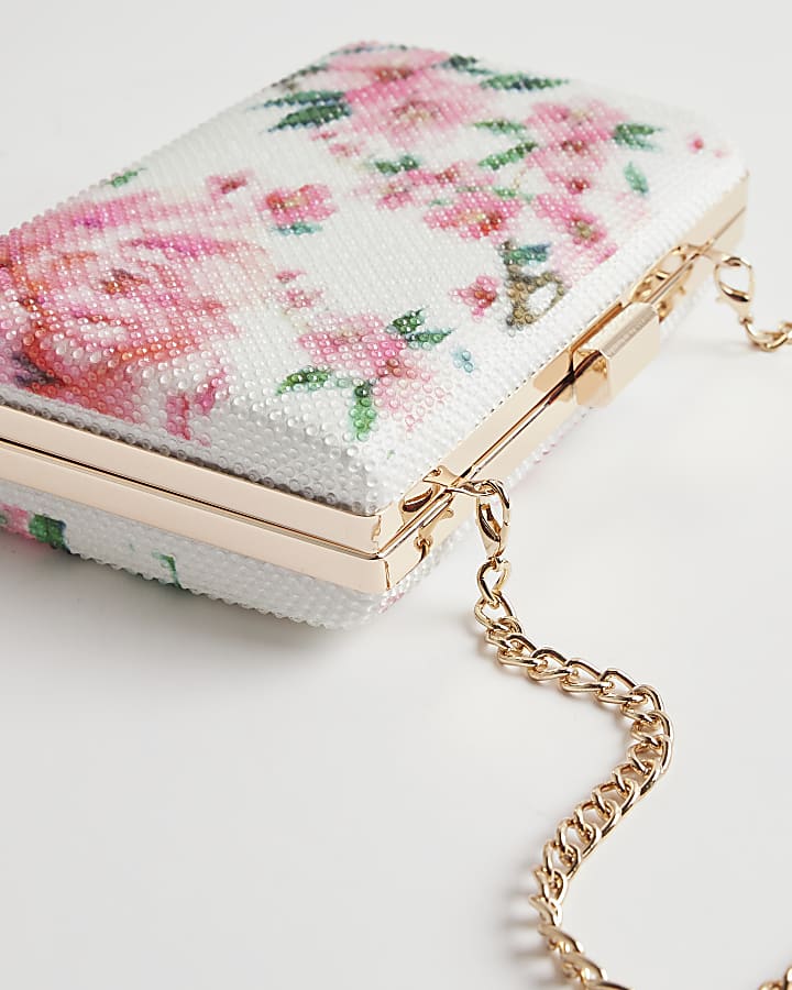 White Floral Hard Shell Clutch Bag