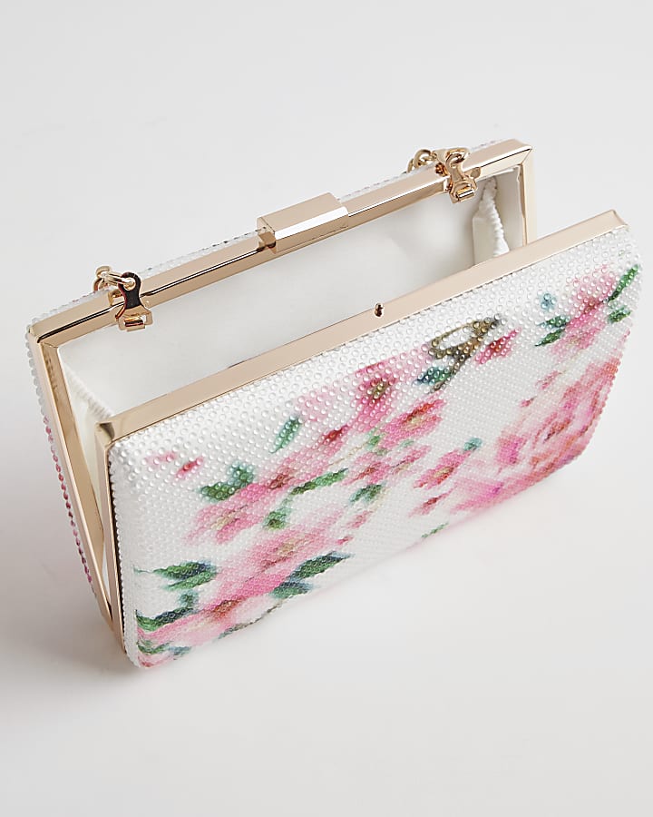 White Floral Hard Shell Clutch Bag