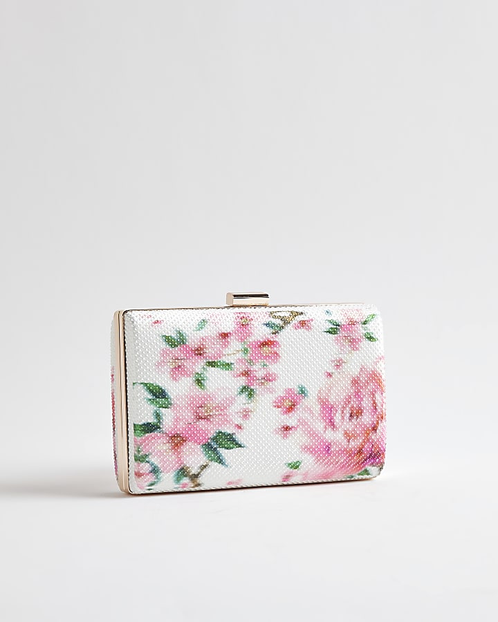 White Floral Hard Shell Clutch Bag