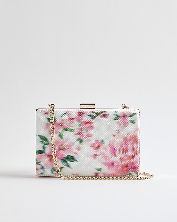 White Floral Hard Shell Clutch Bag