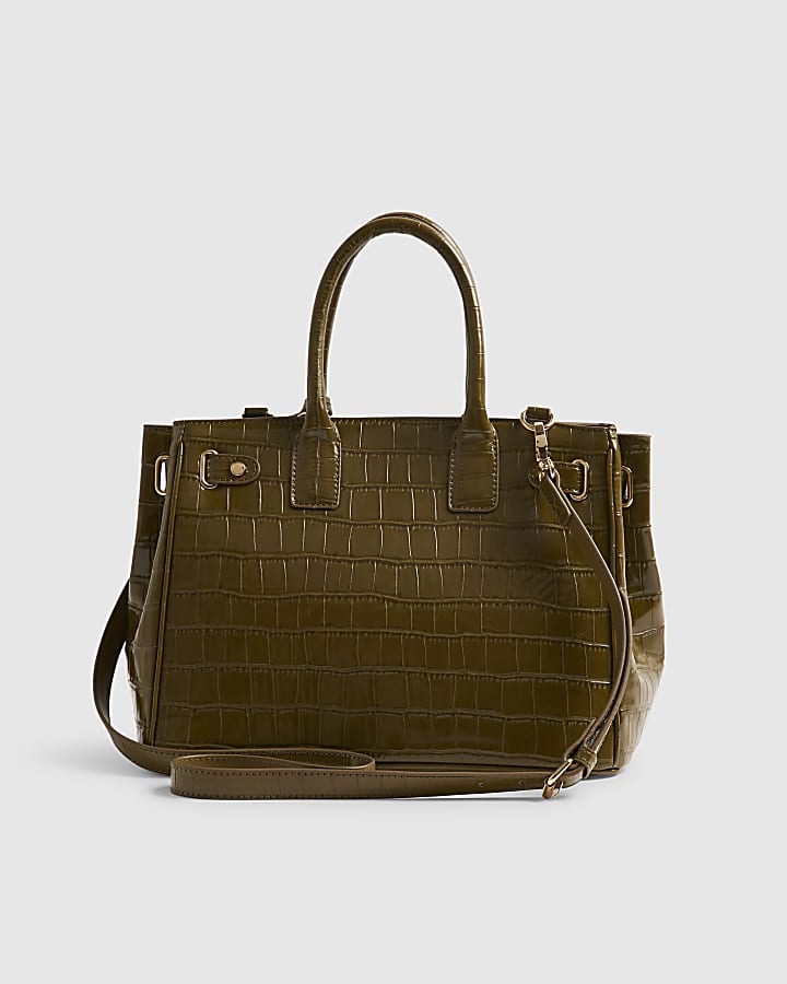 Green Lock Front Crocodile Print Tote Bag