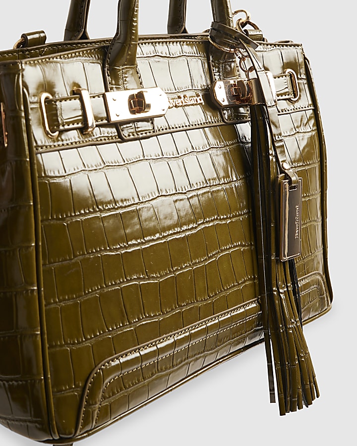 Green Lock Front Crocodile Print Tote Bag