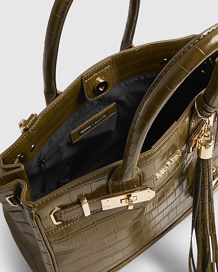Green Lock Front Crocodile Print Tote Bag