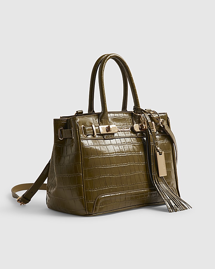 Green Lock Front Crocodile Print Tote Bag