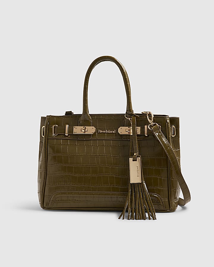 Green Lock Front Crocodile Print Tote Bag