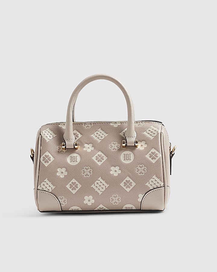 Beige Metal Corner Monogram Print Bowler Bag