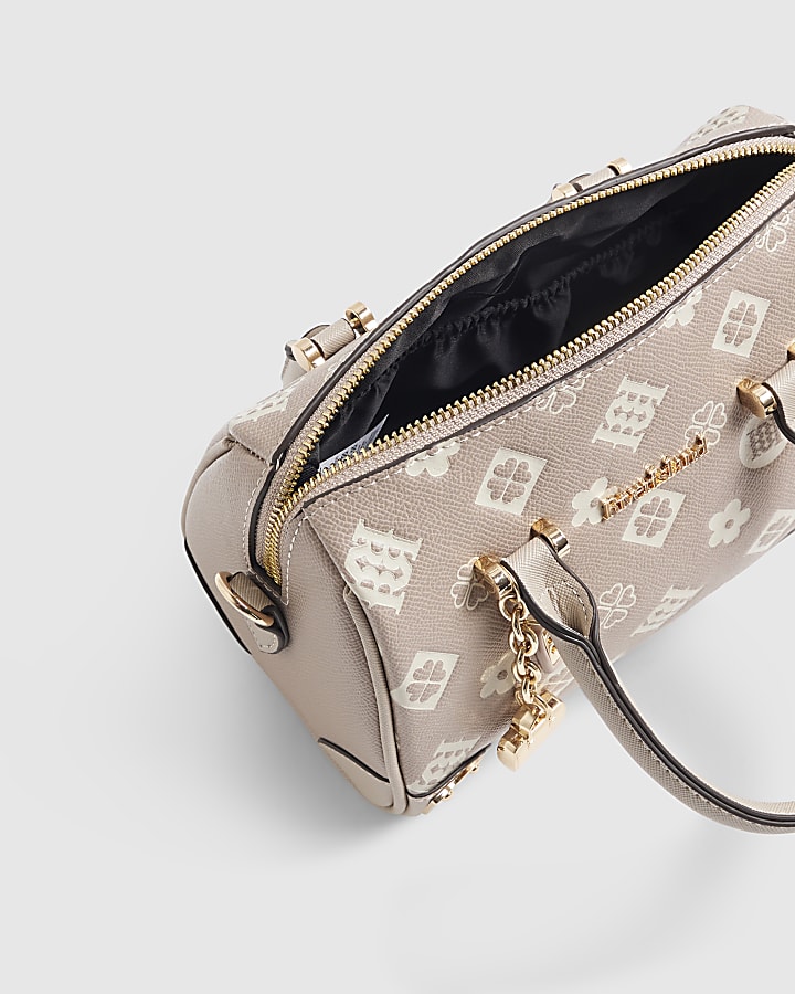 Beige Metal Corner Monogram Print Bowler Bag