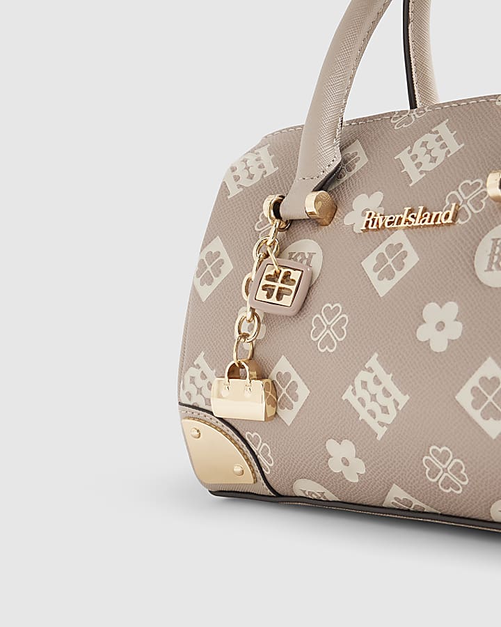 Beige Metal Corner Monogram Print Bowler Bag