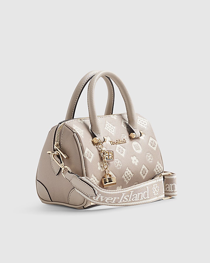 Beige Metal Corner Monogram Print Bowler Bag