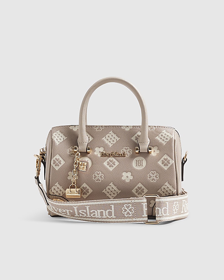 Beige Metal Corner Monogram Print Bowler Bag