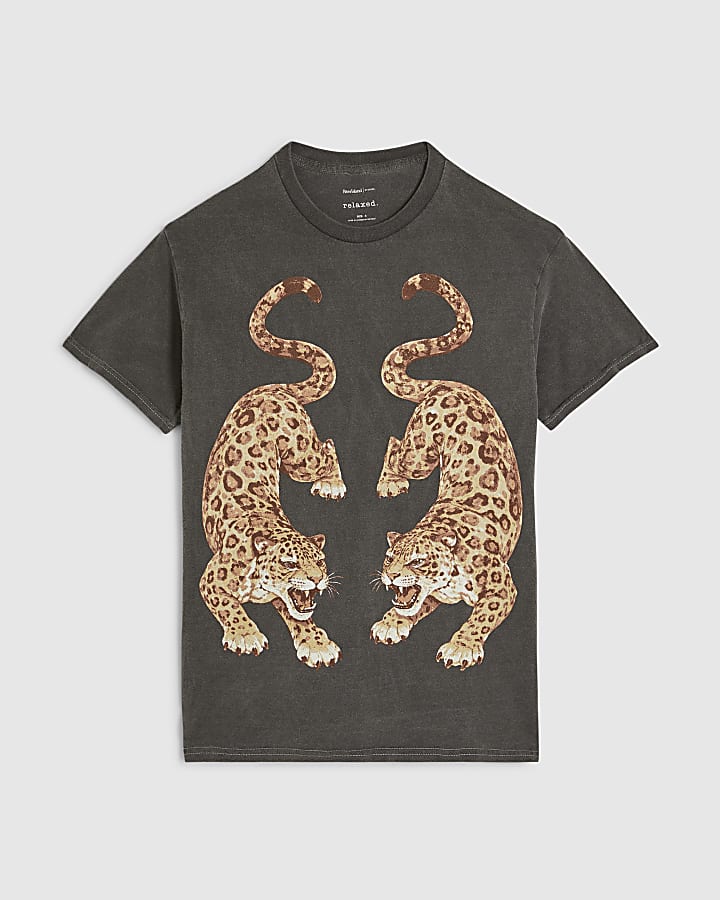 Grey Short Sleeve Washed Leopard T-shirt